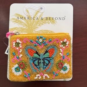 America & Beyond Mustard Beaded Butterfly Coin & Card Holder